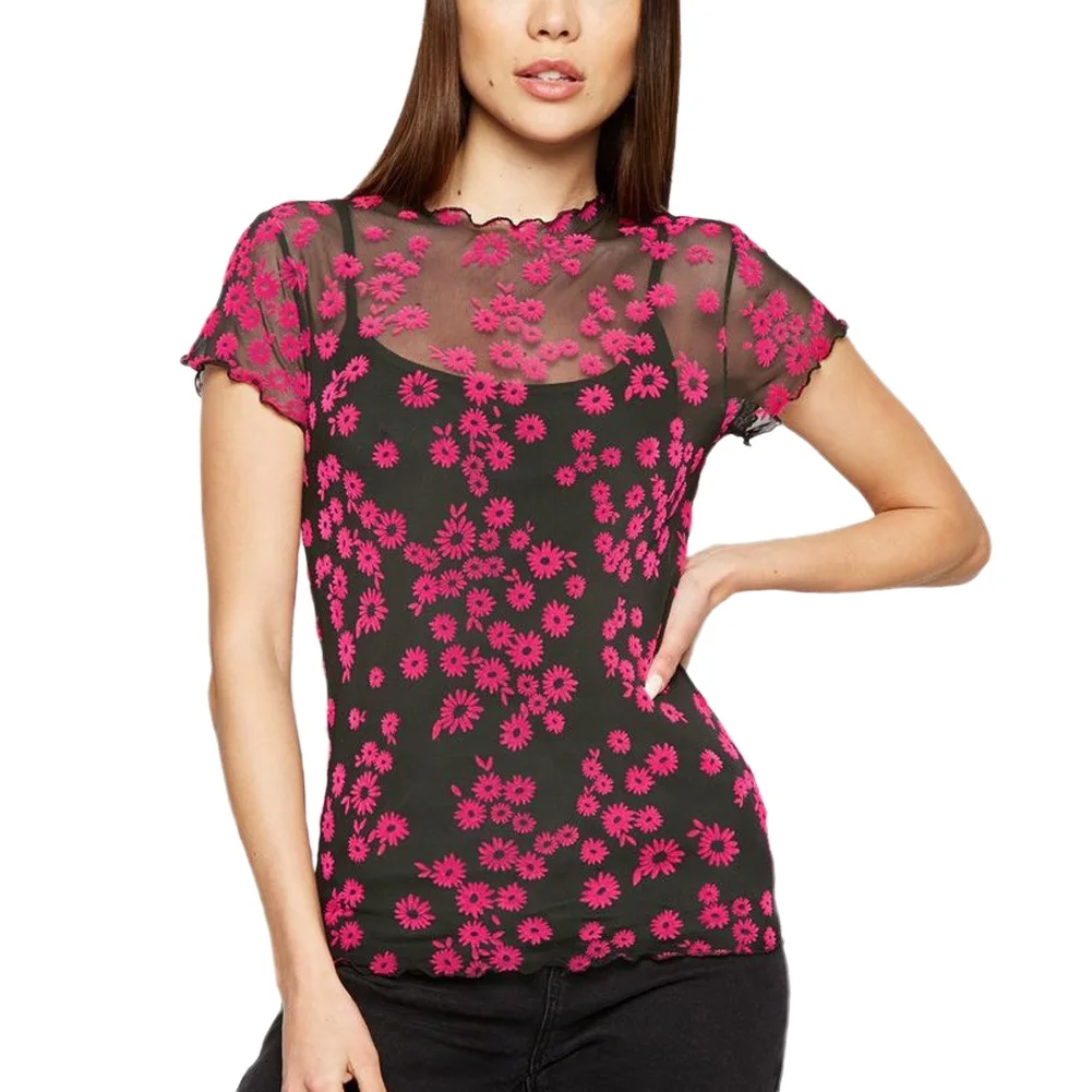 

New Arrival Womens Short-Sleeved T-shirts Mesh Floral Printed Perspective Top Sexy Fashion Summer T-shirt Daisy Tops