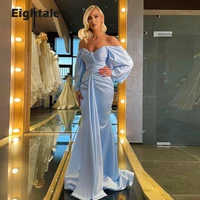 eightale arabic evening dress baby blue off the shoulder long sleeves mermaid sastin prom gown custom made party dress 2021
