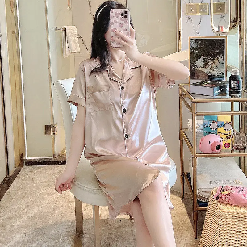 Women's Silk Satin Nightgowns Button Down Sleepshirt Short Sleeved Nightshirt Boyfriend Notch Collar Sleepwear Sleep Shirt M-2XL