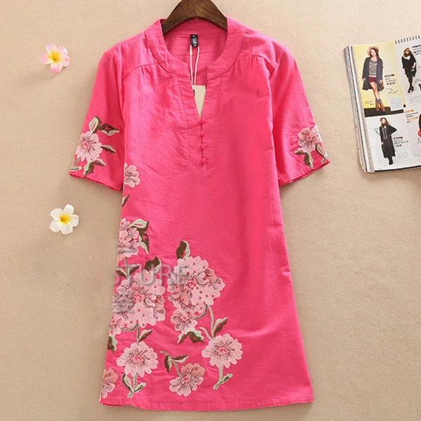 

Summer Dress 2021 Fashion Short-Sleeve Loose V-Neck Dress Knee-Length Printing Vintage Embroidery Women casual Dress Plus size