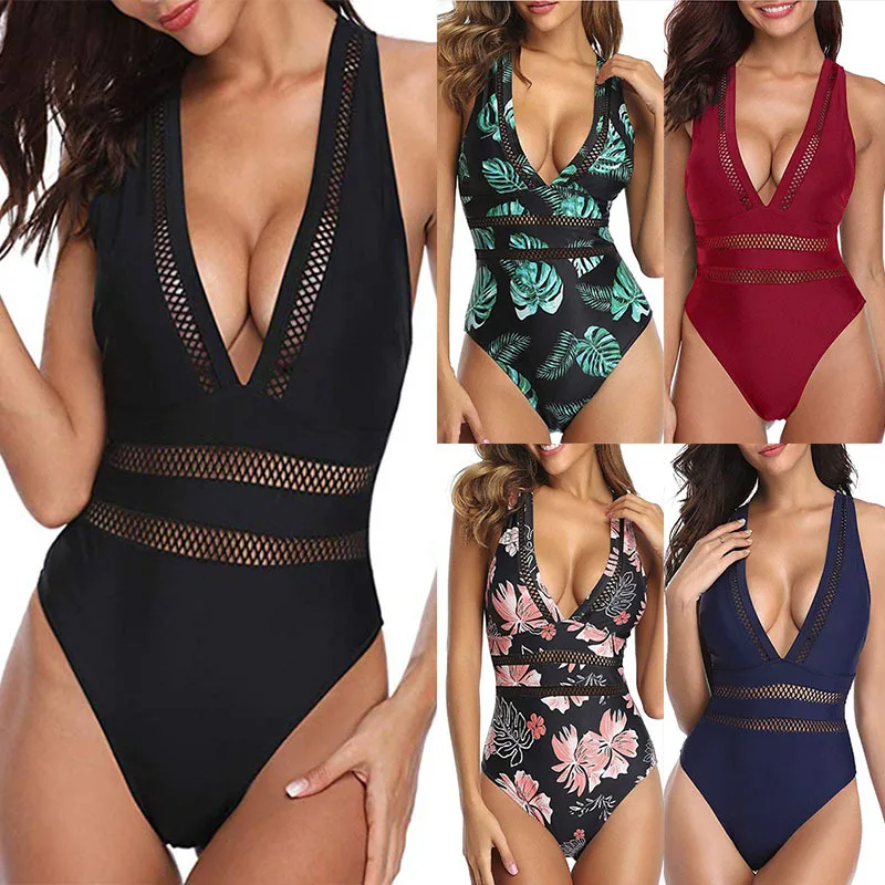 

Women One-Piece Swimming Suit Black Mesh V-neck Cross Sexy Swimsuit Swimwear bikini swimming suit for women high waist