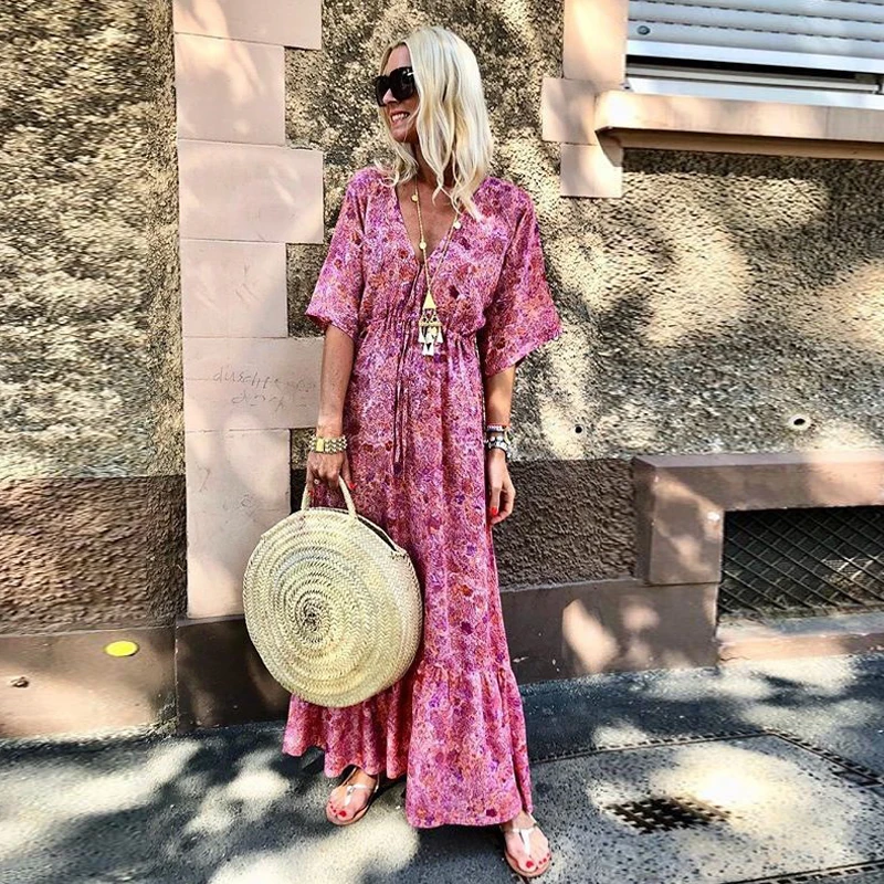 

Женское офисное платье с цветочным принтом, длинное пляжное платье с поясом, V-образным вырезом и длинными рукавами в стиле бохо, 2022