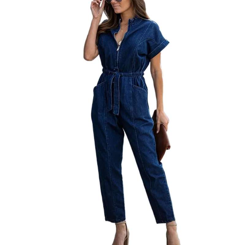 Женский Повседневный джинсовый комбинезон на молнии с v образным вырезом и