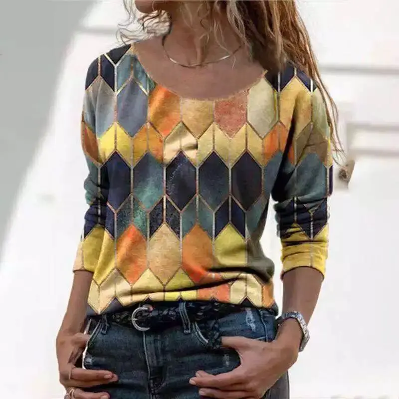 

Spring Women T-Shirt Full Sleeve Casual Fashion Loose Plaid O-Neck Tops Women's Clothing Soft Comfortable Female T-Shirts