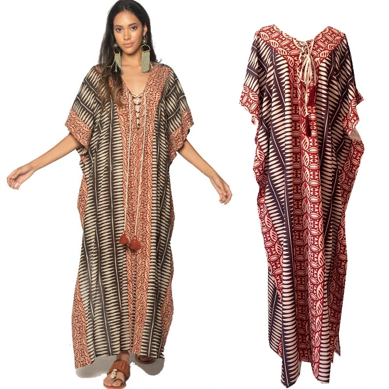 India Kaftan Dress V-Neck Lace Up Ethnic Traditional Patter Print Maxi Caftan Batwing Short Sleeve Beach Cover Morocco Tunics | Женская