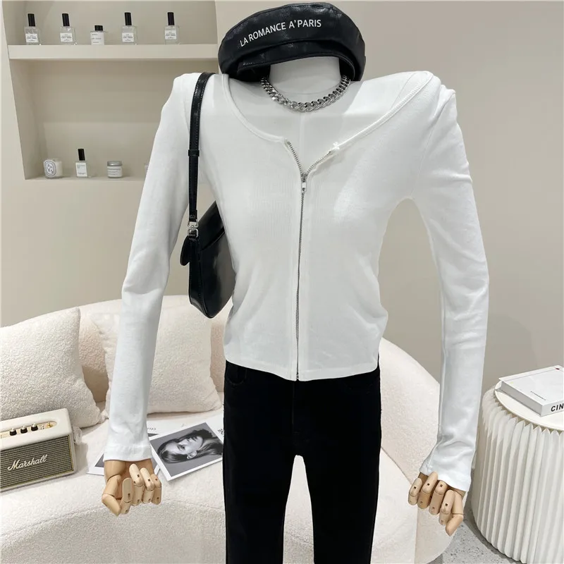 

Women's Spring Summer 2021 Fashion Temperament V-neck zipper long sleeve sunscreen cardigan Slim Casual Short Top