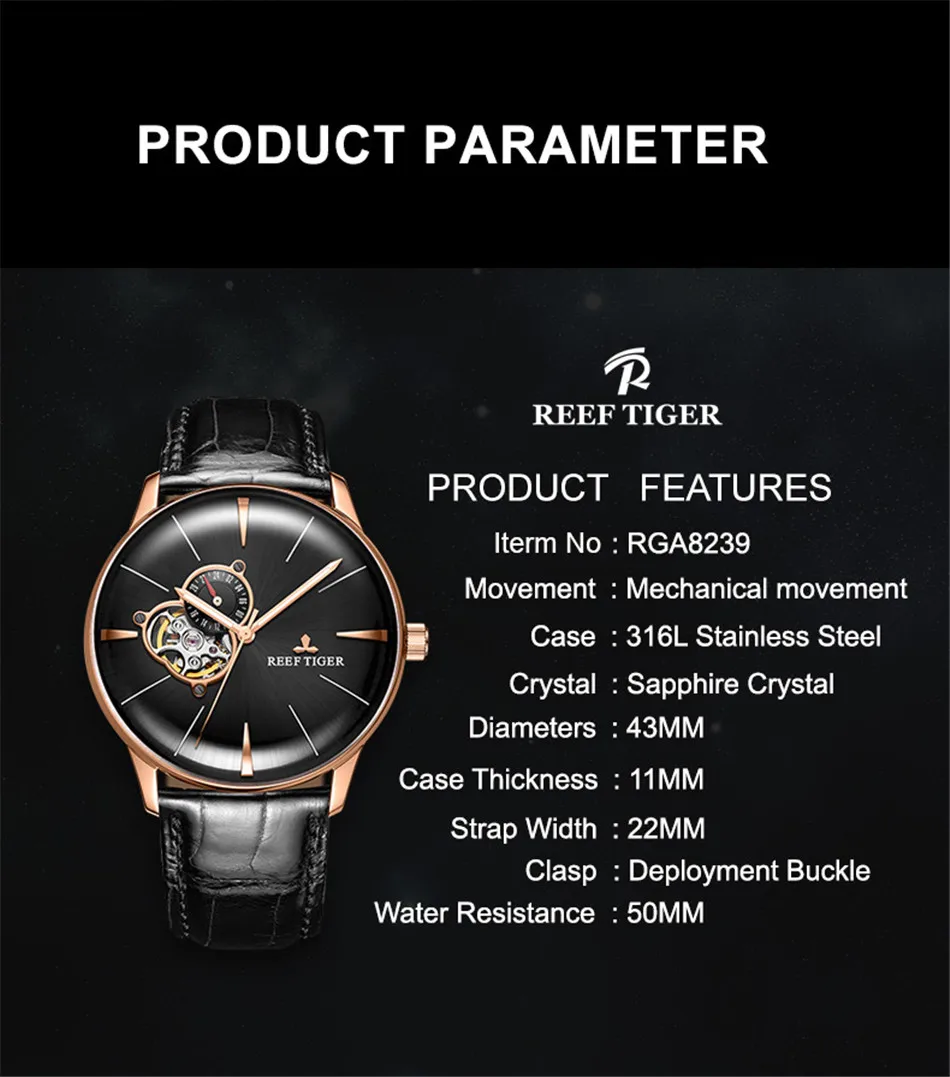 Reef Tiger бренд Tourbillon черный циферблат водонепроницаемые автоматические часы Топ Механические Роскошный кожаный ремешок мужские часы reloj hombre
