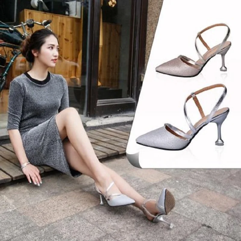Новые серебристые сандалии на высоком каблуке с острым носком в Корейском стиле