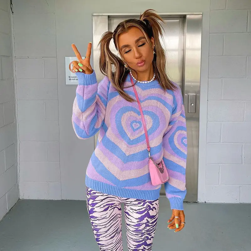 

Zadily 2021 women Knitted Sweater Heart Striped Pullovers Sweater Sweet Long Sleeve Turtleneck Jumper Autumn Streetwear