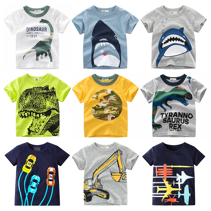 Детская летняя футболка для мальчиков с изображение акулы или динозавра Верхняя