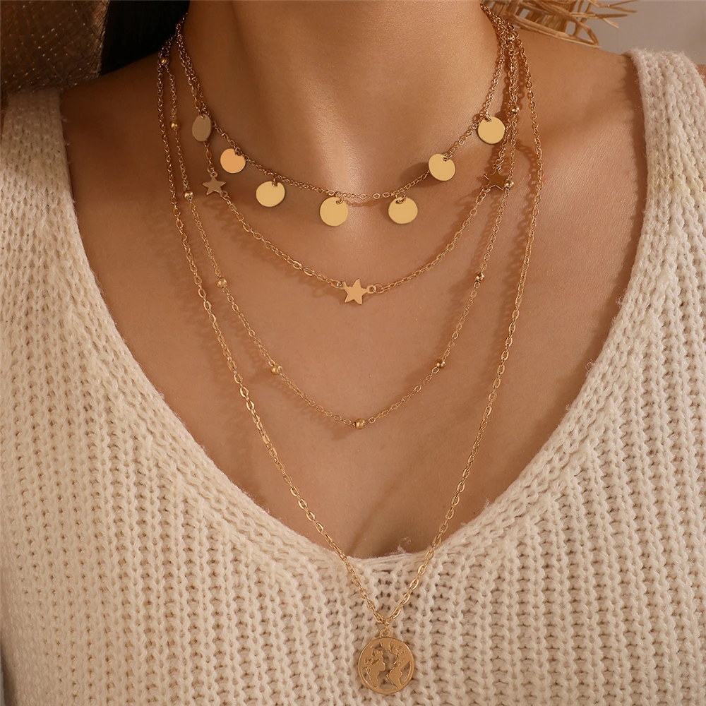 

Vintage Multilevel Gold Star Round Sequin Bead Chain Hollow Earth Pendant Necklace For Women Female Fashion Geometric Jewelry