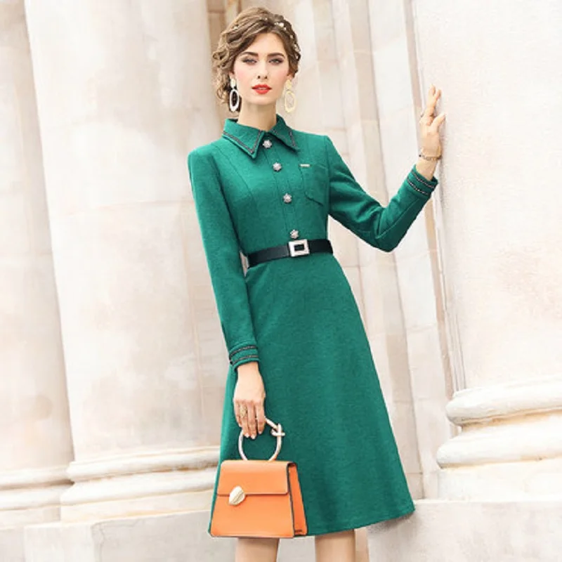 

new solid 2021 Woolen dress women's autumn and winter new style retro Office lady high waist mid length A-line skirt with belt