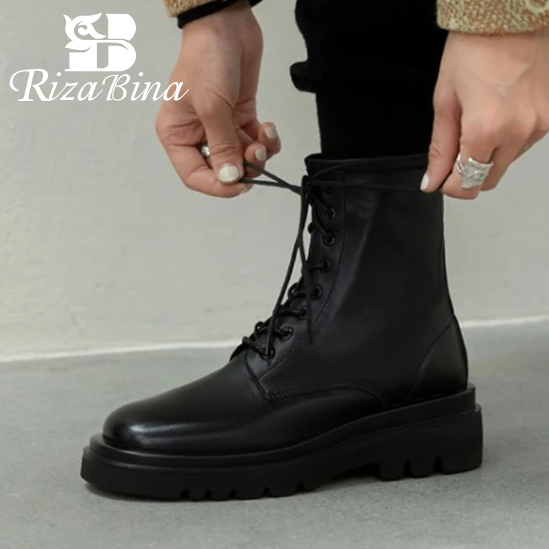 

RIZABINA New Women Short Boots Real Leather Zip Women Shoes Winter Fashion Cool Thick Boot Ankle Boots Ladies Size 34-40