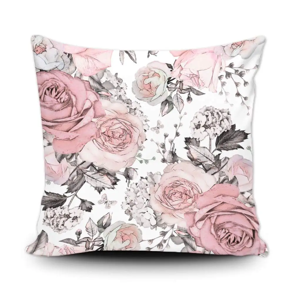 

Наволочка для подушки, серая абстрактная с розовыми цветами и листьями, белая, водная, цветочный узор, Роза в пастельных цветах, декоративна...