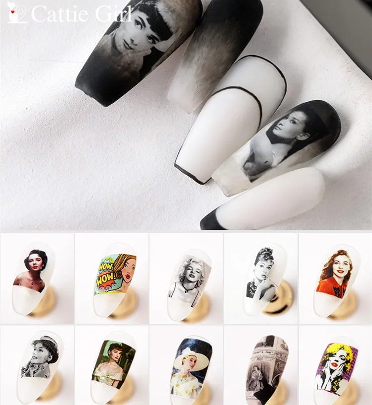 10 Sheets 4*20cm Nails Foil Stickers Audrey Hepburn Nail Foils Marilyn Monroe Decal  Nail Art Transfer  Nails Art Decals
