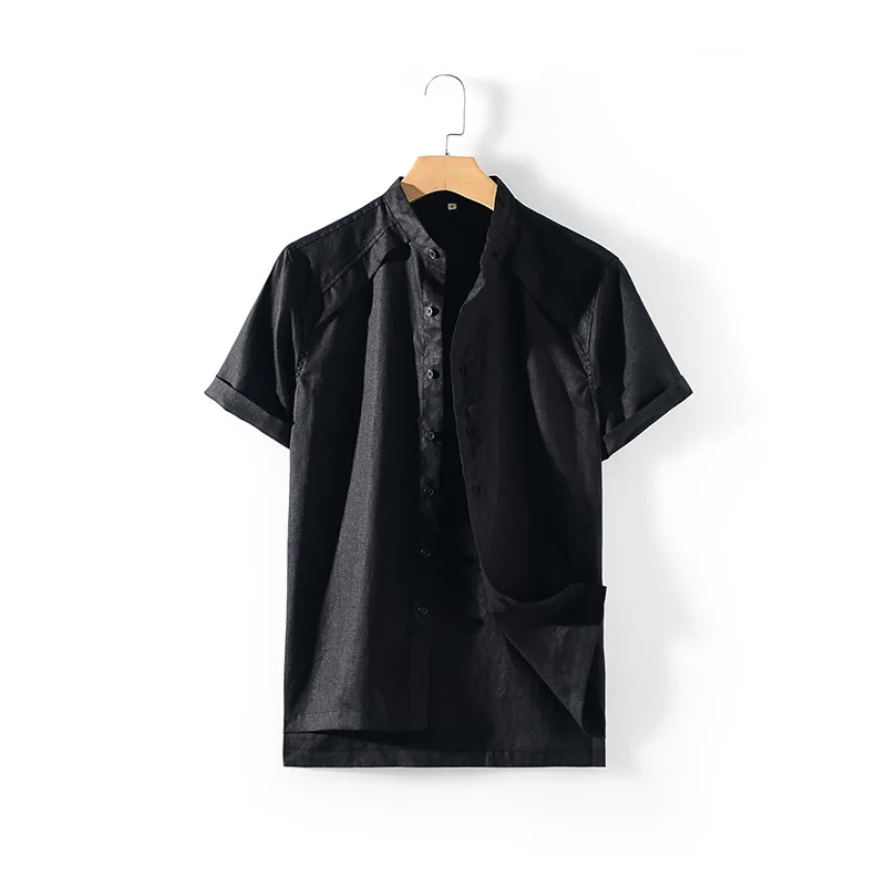 

2021 summer new men's Linen Shirt stand collar linen short sleeve casual loose linen cardigan D017