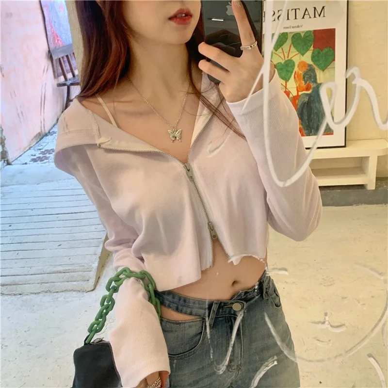 

GOOHOJIO 2020 New Solid Color Sun Protection Cardigan for Women Harajuku Crop Top Womens Coats Sexy Vintage Women Tops Autumn