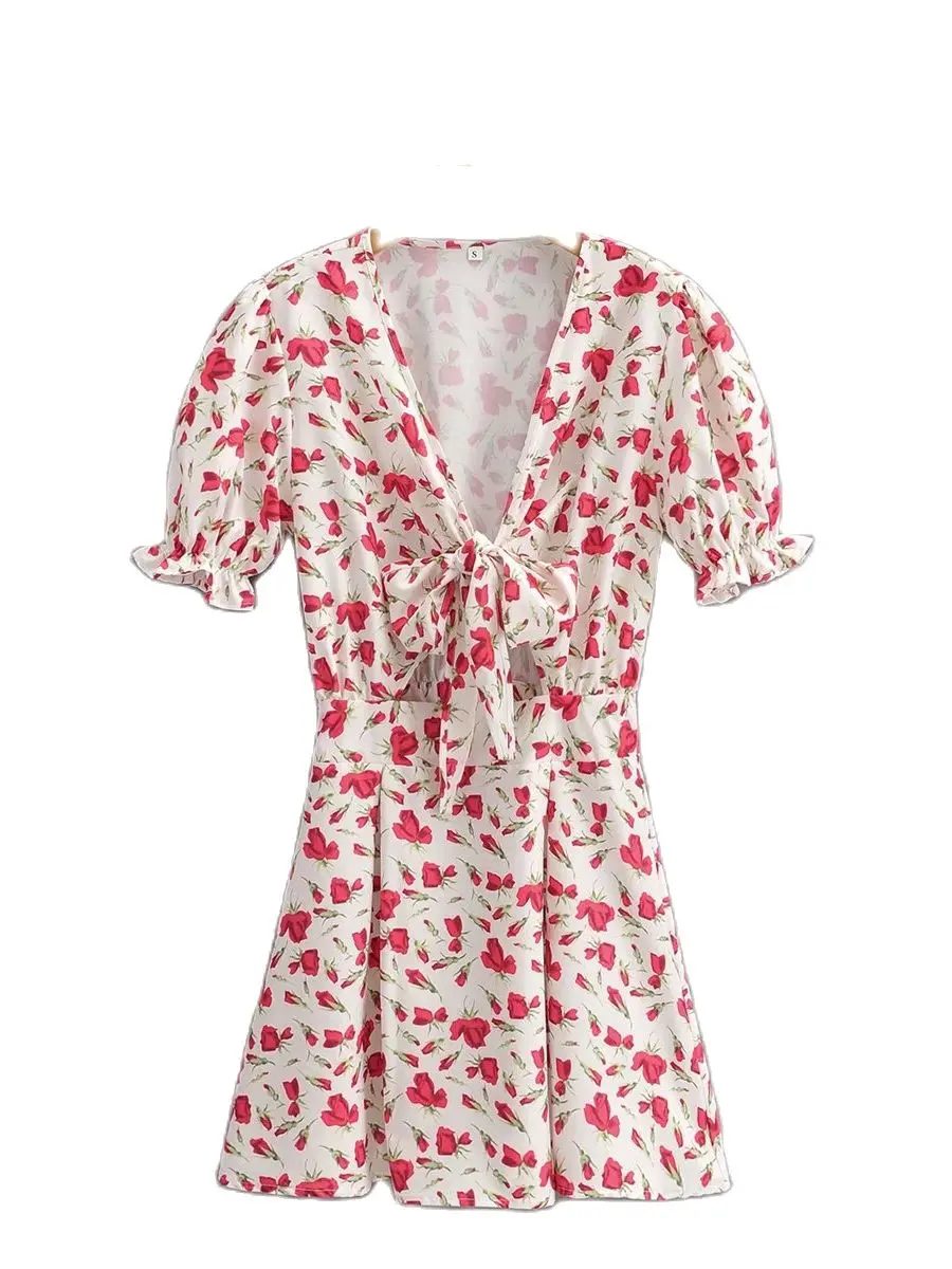 

Женское платье с v-образным воротом, рубашка с короткими рукавами с цветочным рисунком, украшение в виде банта; Темперамент платье винтажное...