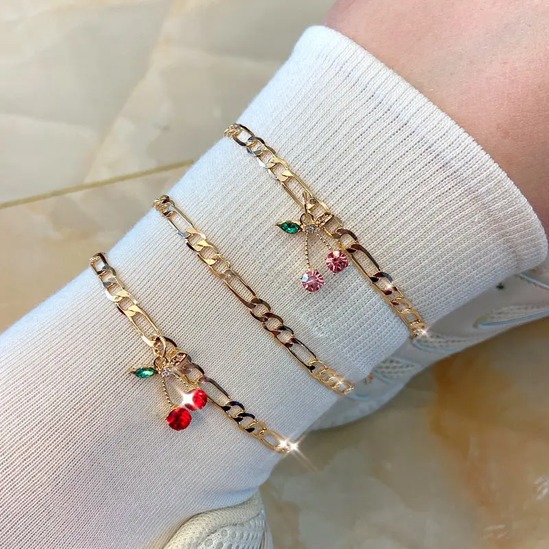 

Kasajewel 2Pcs/Set Shiny Cherry Crystal Anklets Bracelets For Women Gold Color Adjustable Anklet Boho Summer Beach Foot Jewelry