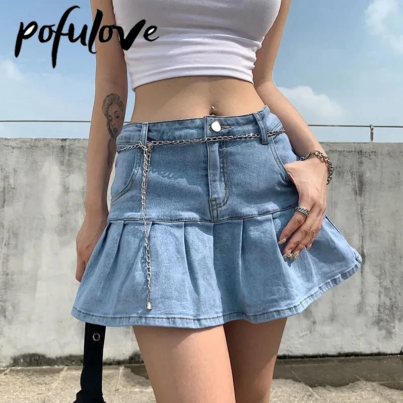 

Pleated Denim Skirt Jeans Mini Skirts with Shorts Women Summer Blue A Line Vintage Punk Goth Sexy Streetwear Girl Faldas Clothes