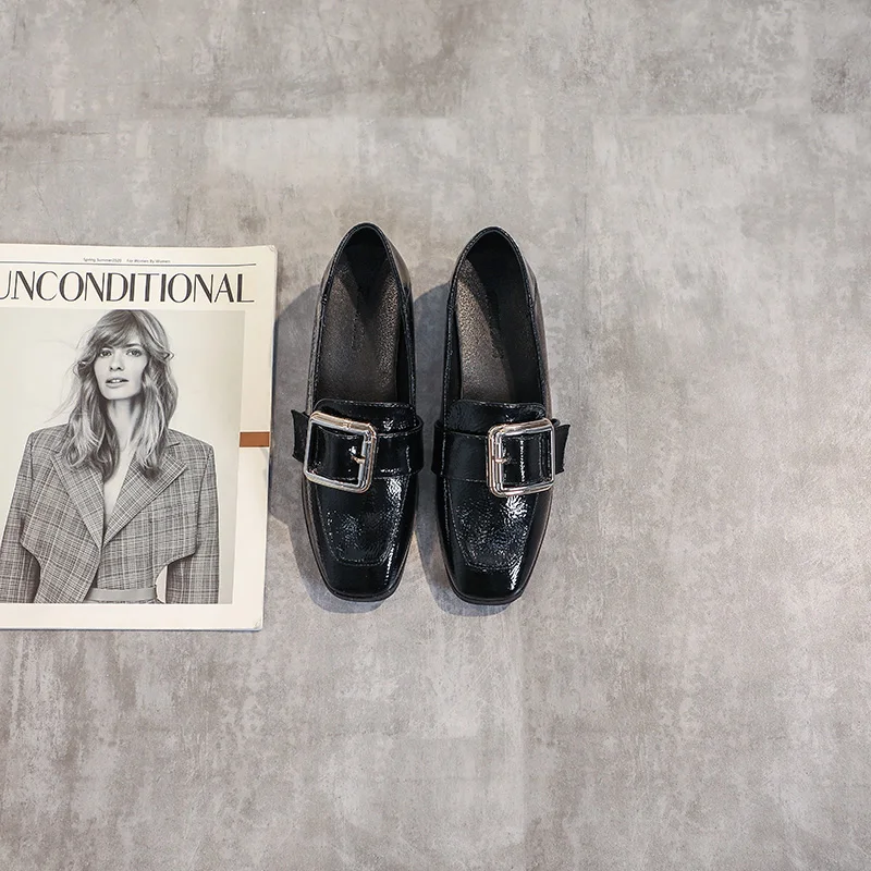 

Women Shoe High Quality Women Fashion 2021 Summer Britain Style Leather Loafers Square Heel