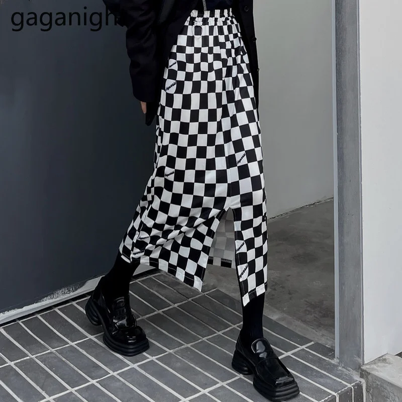 

Gaganight, Женская юбка, весна-осень 2021, новая, в стиле Instagram, ретро, шахматная, тонкая, с высокой талией, с разрезом, трапециевидная, длинная юбка с...