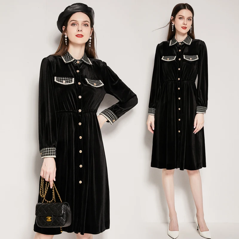 

Женское бархатное платье с карманами, длинным рукавом и отложным воротником