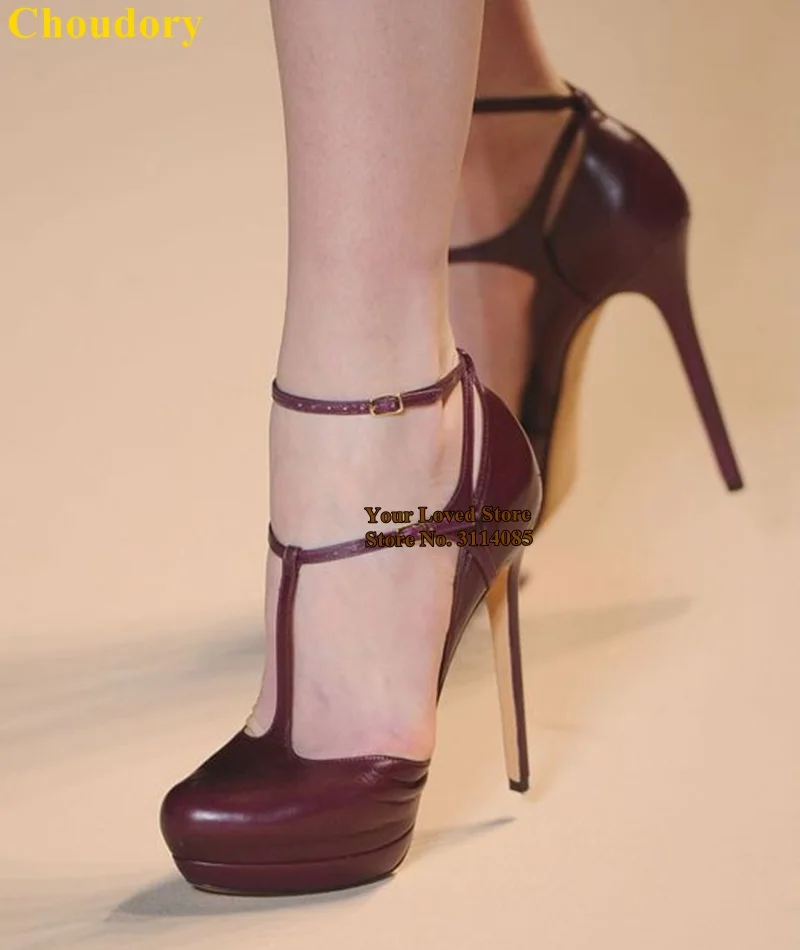 Choudory/винно-красный, Матовый кожаный Обувь на высоких каблуках с Т-образным ремешком; обувь на платформе на каблуке-шпильке и на высоких каблуках; свадебные туфли-лодочки; большие Размеры бордового цвета; женские туфли-лодочки