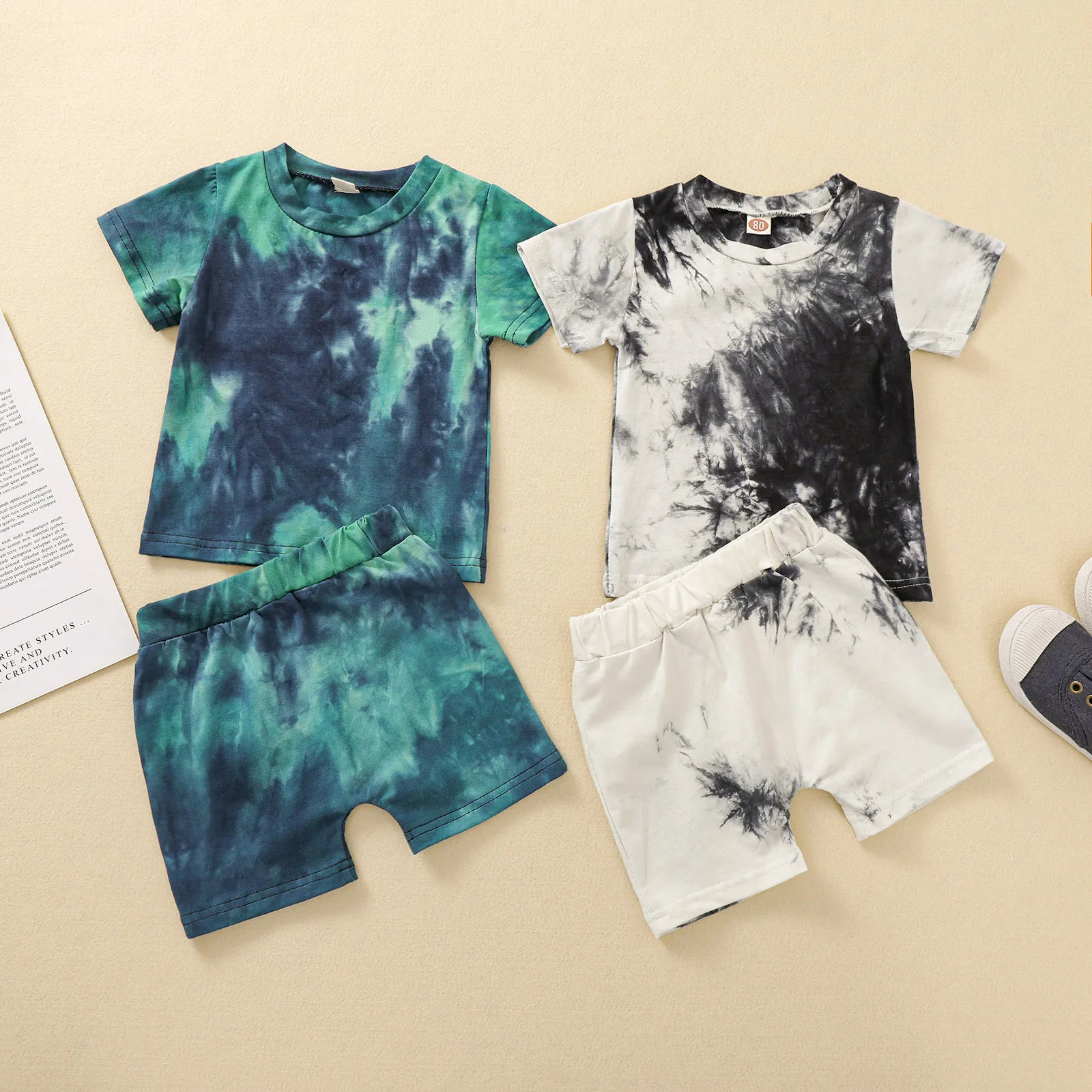 

Summer New Children's Set Crew Neck Multicolor Tie Dye Short Sleeve + Shorts 2Pcs Fashion Thin Casual 1-5Years Old