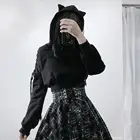Женская толстовка с капюшоном y2k, Черная Толстовка с длинным рукавом и кошачьими ушками, в стиле Харадзюку, в готическом стиле, топы на завязках