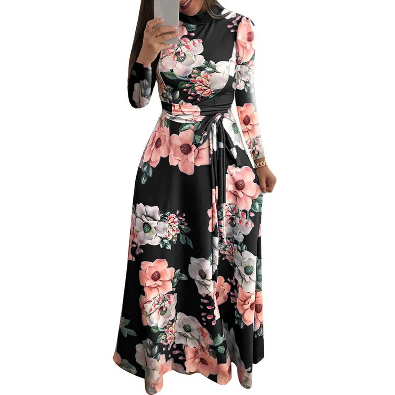 black long sleeve Litthing, женское длинное макси платье, лето, цветочный принт, бохо, Пляжное Платье, повседневное, короткий рукав, Бандажное, вечерние платья, Vestido Plus - Цвет: black long sleeve