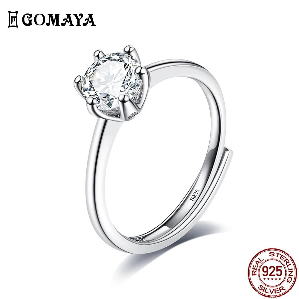 

GOMAYA 925 Sterling Silver Simple Style Ring For Women Inlay Luxury Cubic Zirconia Rings Six Prong Engagement Gifts Fine Jewelry