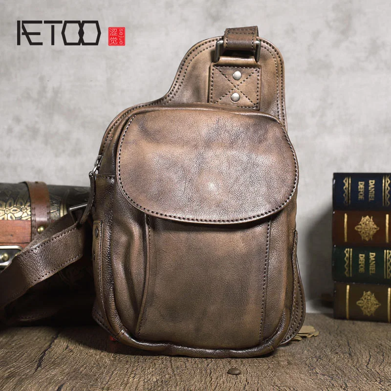 

Нагрудная сумка AETOO из воловьей кожи в стиле ретро, модная повседневная Сумочка на плечо для мужчин