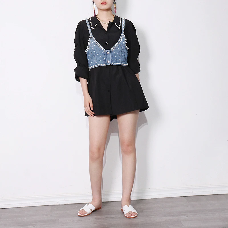 

TWOTWINSTYLE Casual Patchwork Pearl Set For Women Lapel Long Sleeve Shirt Denim Sashes Vest Korean Sets Female Fashion New 2021