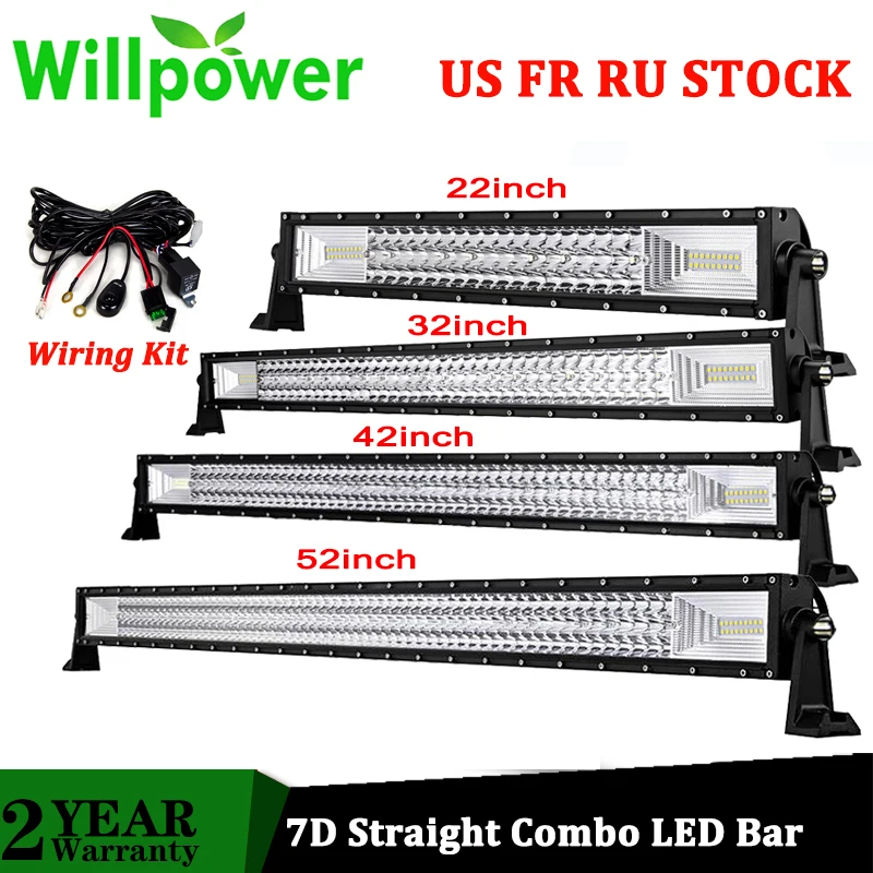 Силой воли 22 32 42 52 дюймов 7D внедорожный светодиодный бар прямой Combo фары дальнего и ближнего света светодиодный вождения Подсветка для ATV грузовик 4X4 пикапа 12V 24V
