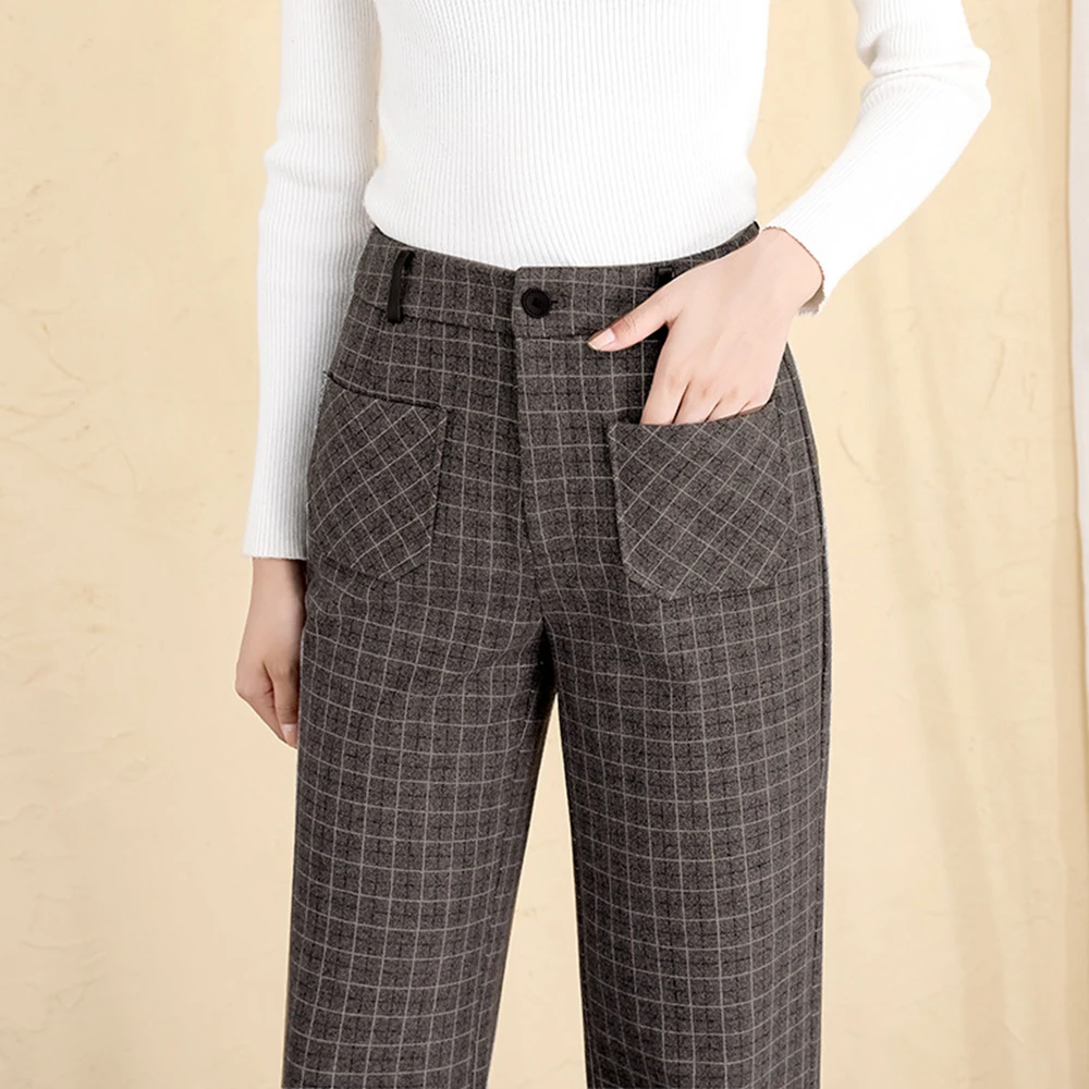 

2020 Autumn winter hot sale British plaid thickened imitation woolen straight leg pants women high waist plus size trousers