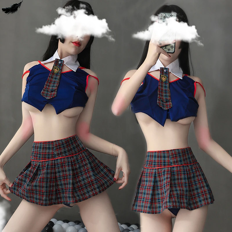 

Sexy Women Bra Body Harness Caged Open Breast Tank Bralette Crop Top Fetish Lingerie Plaid Skirt Student Uniform