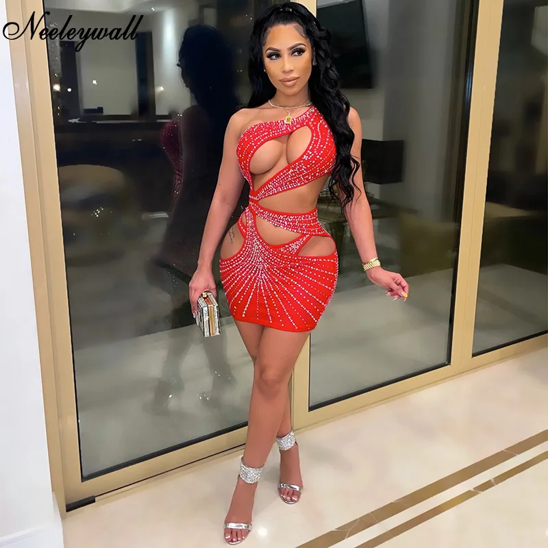 

Neeleywall Gorgeous Cut Out Crystal Sexy Birthday Dresses New Chic One Shoulder Rhinestone Short Party Dress Chirstmas Outfits