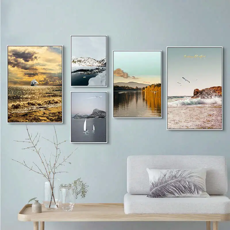 

Scandinavian Landscape Lake and Mountain Canvas Wall Art Poster Nordic Style Nature Print Painting Minimalist Picture Room Décor