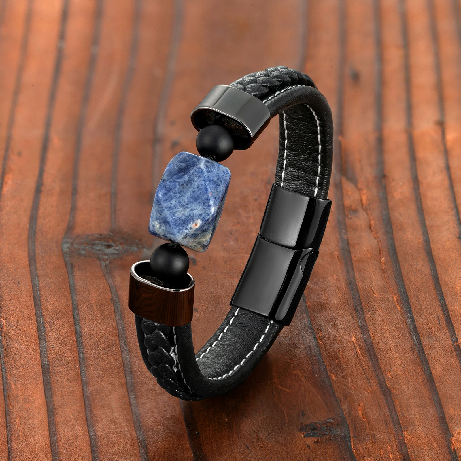 Модный мужской браслет с ромбовидным натуральным голубым камнем из