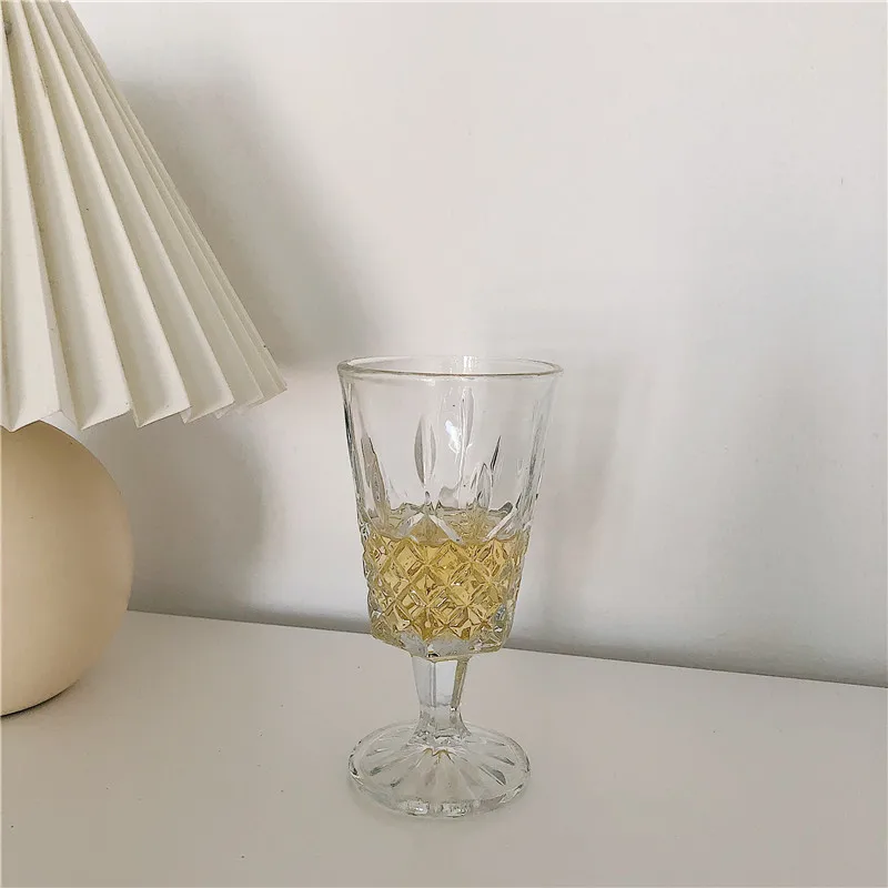 

Ins Transparent Glass Goblet Large Opening Red Wine Glasses Cocktail Embossed Beer Стакан Champagne Cup Milk Cups Home Decor