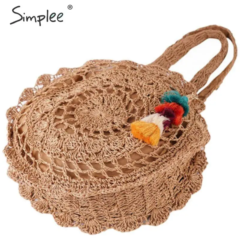 Simplee из ротанга, женские сумки через плечо, круглые соломенные сумки, большая емкость, ручная работа, летние сумки, женские круглые богемные сумки