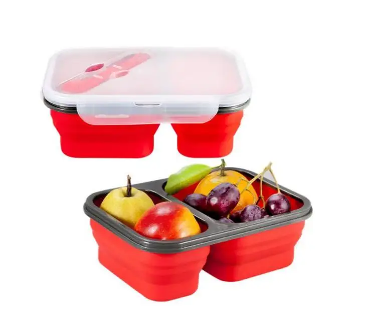 

2 Cells Silicone Collapsible Portable Lunch Box Microwave Oven Bowl Folding Food Storage Lunch Container Lunchbox Wholesale