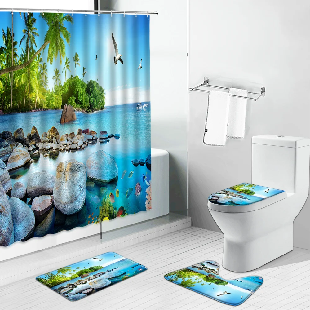 

Ocean Scenery Shower Curtain Palm Trees Stone Haiou Summer Sea Beach Dolphin Bathroom Curtains Non-Slip Bath Mat Toilet Rugs Set