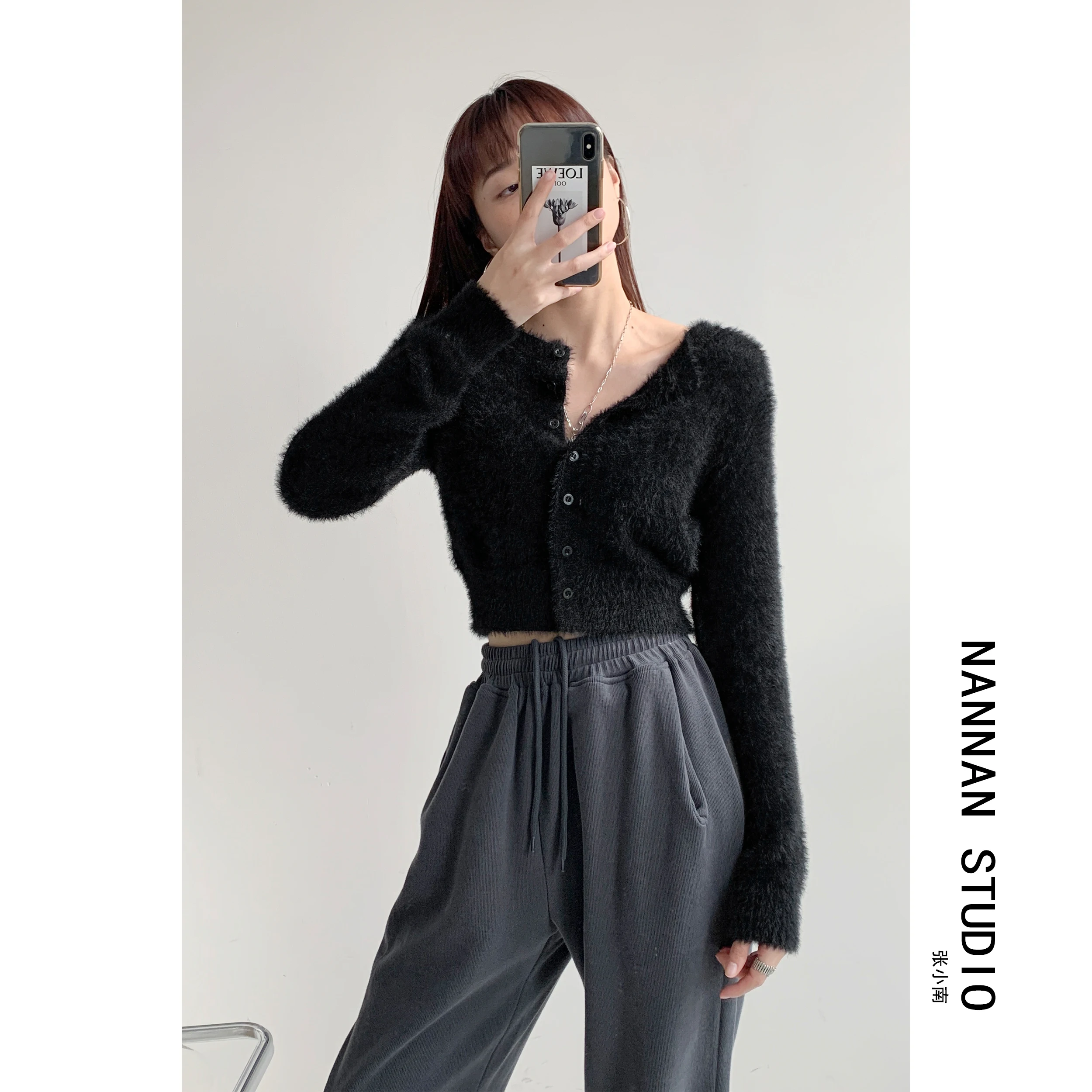 

French niche blogger Mohair knitted cardigan women's high waist single breasted long sleeve sweater solid color gentle wind top