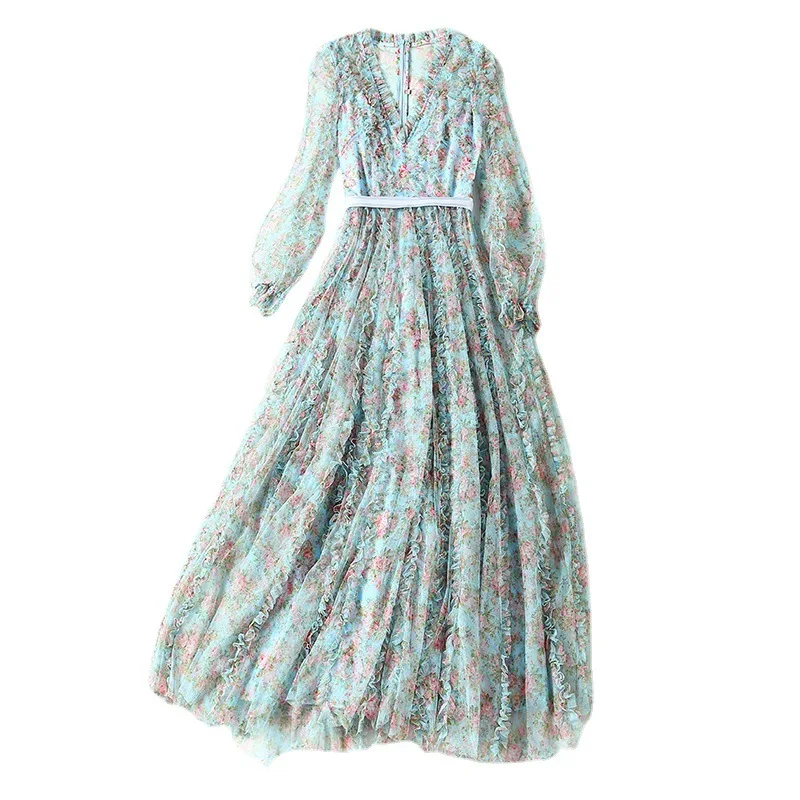 

2021 summer elegant temperament commuting blue heavy industry screen printing women's long sleeve mid waist mid length dress