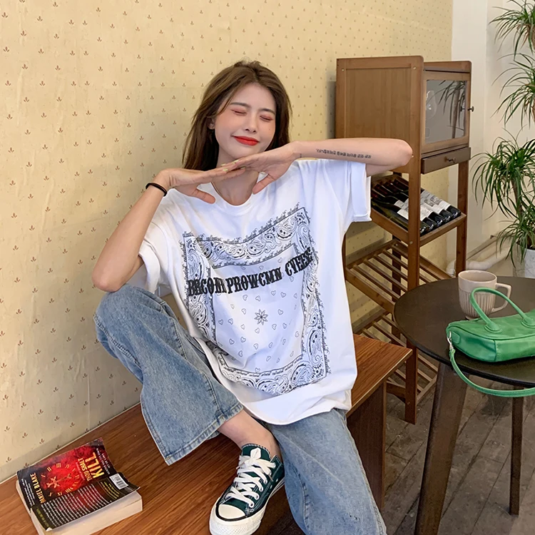 

YTX1203 2021 new loose mid-length design sense letter printing BF explosion short-sleeved T-shirt