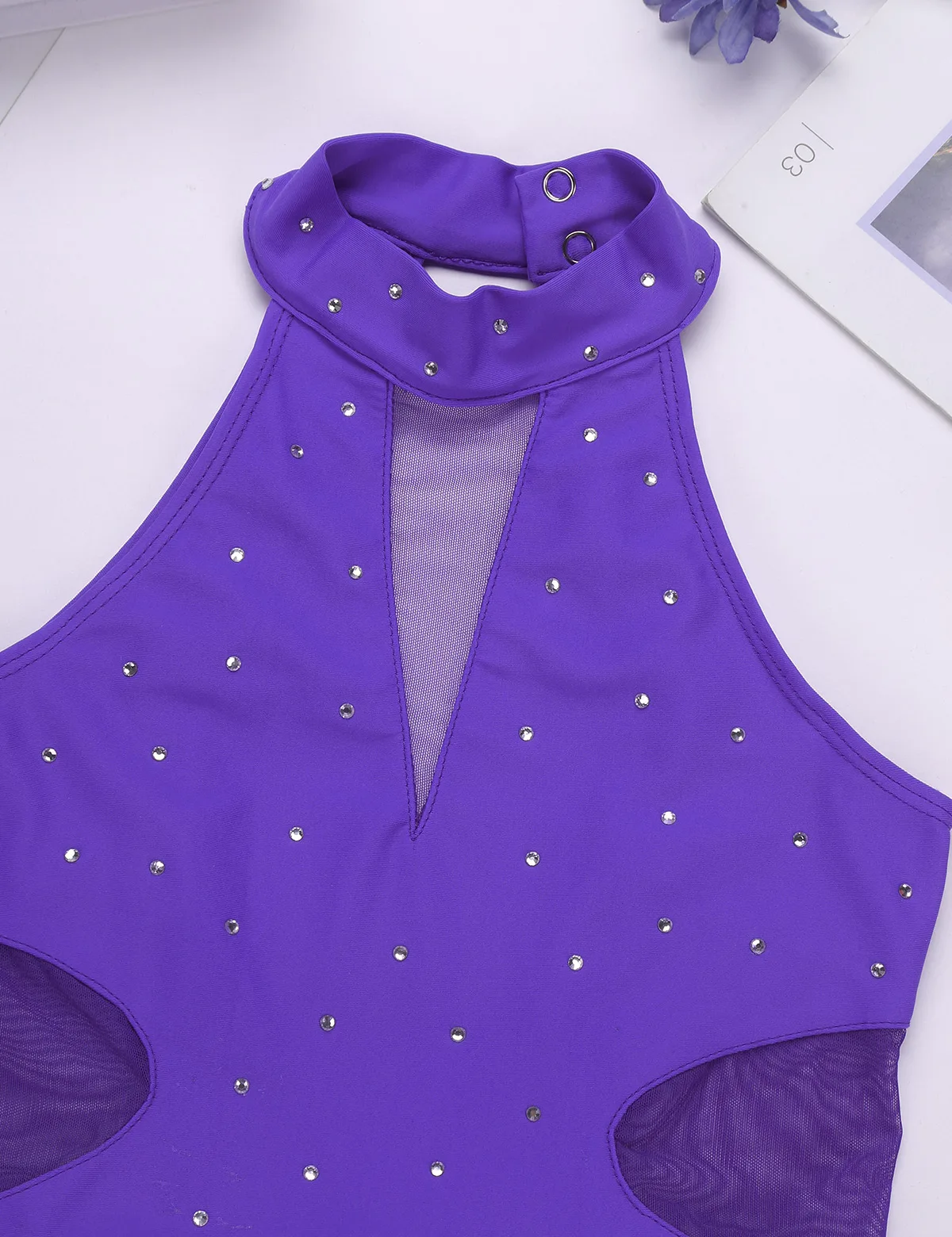 Kids Teens Rhinestone Cutout Back Mesh Splice Figure Skating Dress Gymnastics Ballet Leotard Girls Stage Lyrical Dance Costumes | Детская