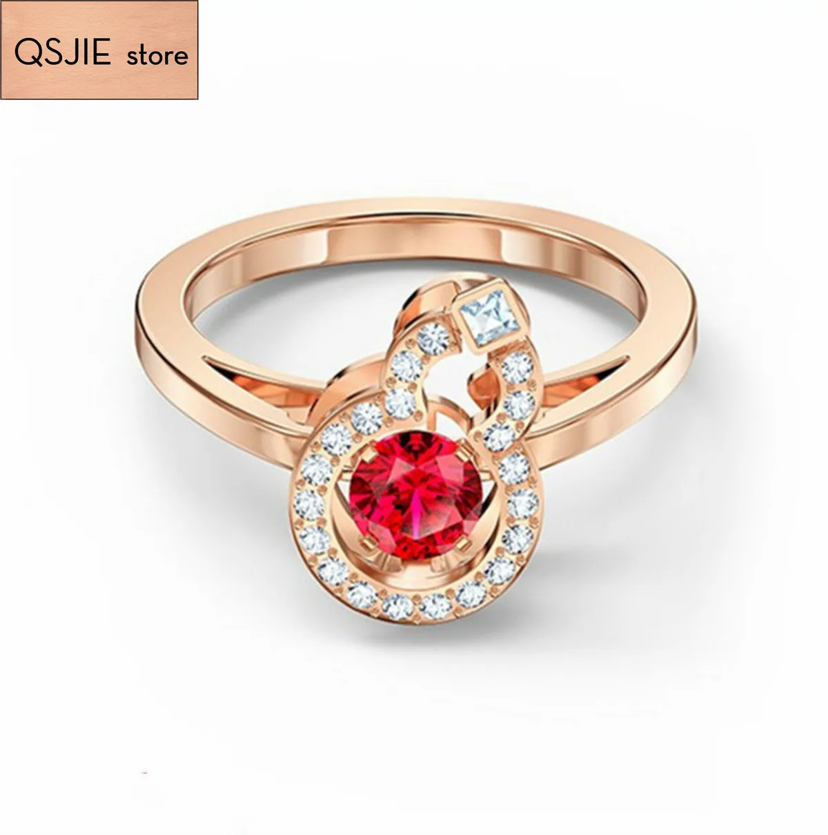 

QSJIE High quality SWA women's luxurious, romantic and gorgeous Fuchu dancing red crystal ring Charming fashion jewelry