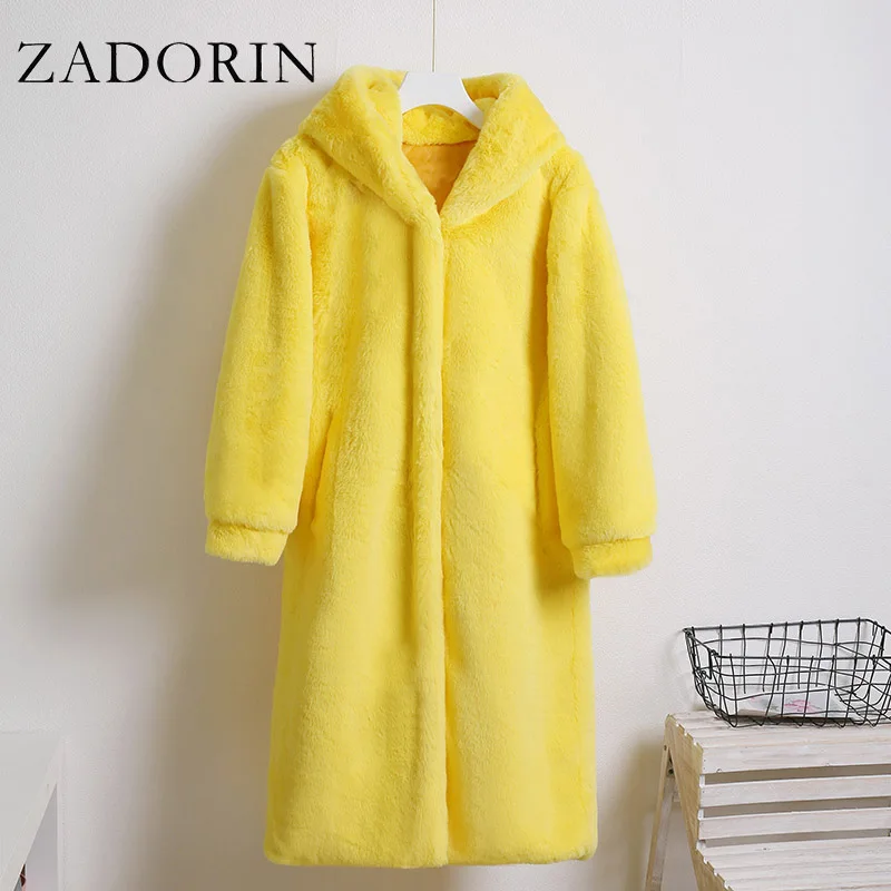 ZADORIN Long Winter Jacket Women Korean Fashion Furry Faux Mink Fur Coat With Hooded Thick Warm Loose Ladies Fake Fur Coats